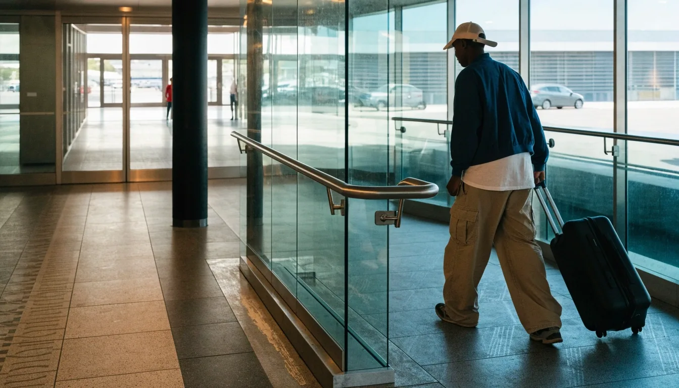 Lift lobby threshold with terminal doors beyond