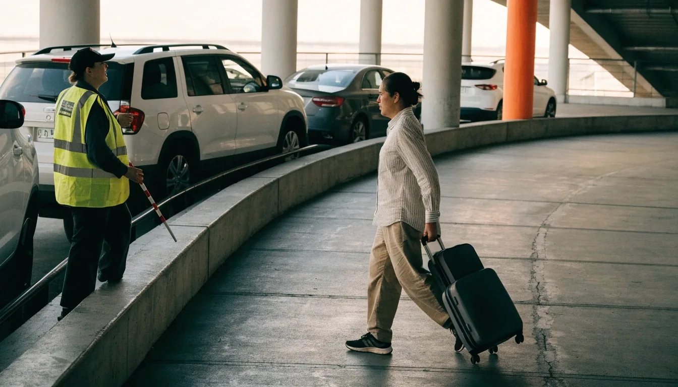 Supervisor beside a boom gate at Melbourne Airport terminal car park
