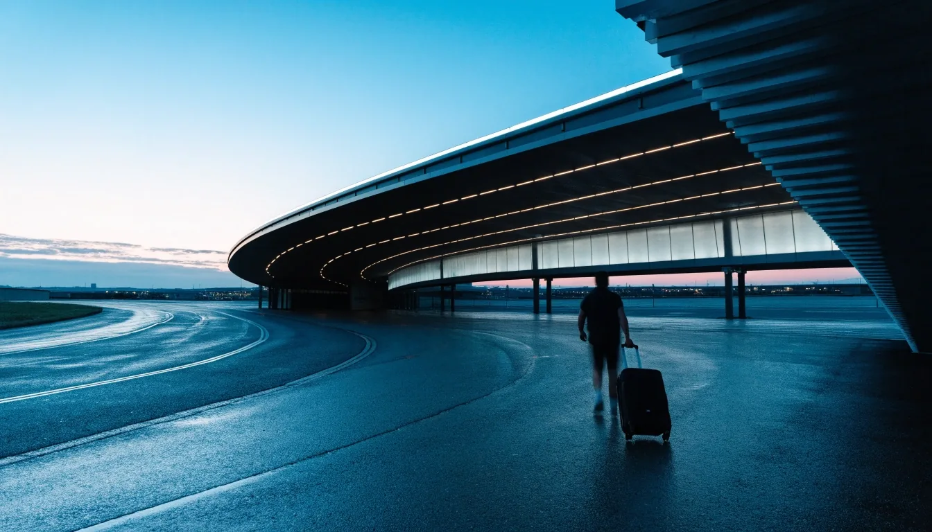 Terminal car park entry canopy at dusk with wet tarmac