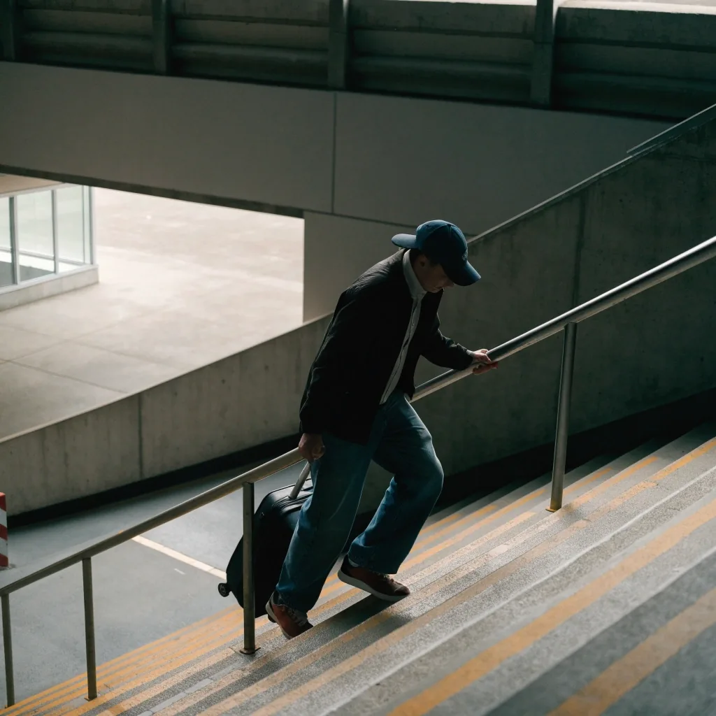 Traveller with rolling case in terminal car park stairwell