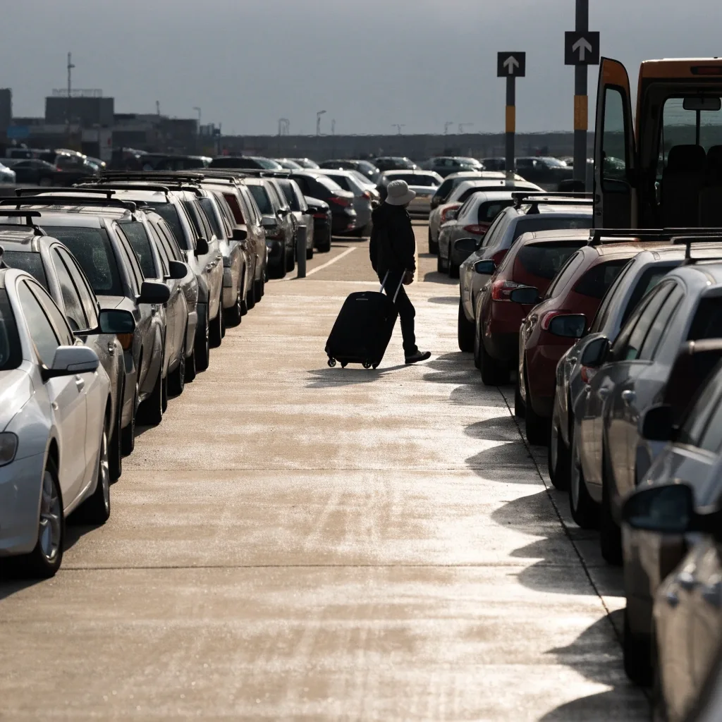 Parked cars in the long-stay apron with a traveller walking between rows