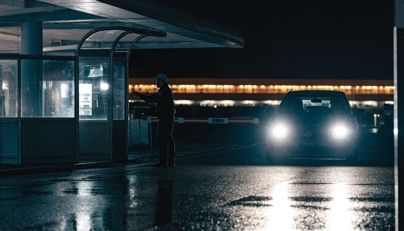 Terminal car park entry canopy at dusk with wet tarmac reflections