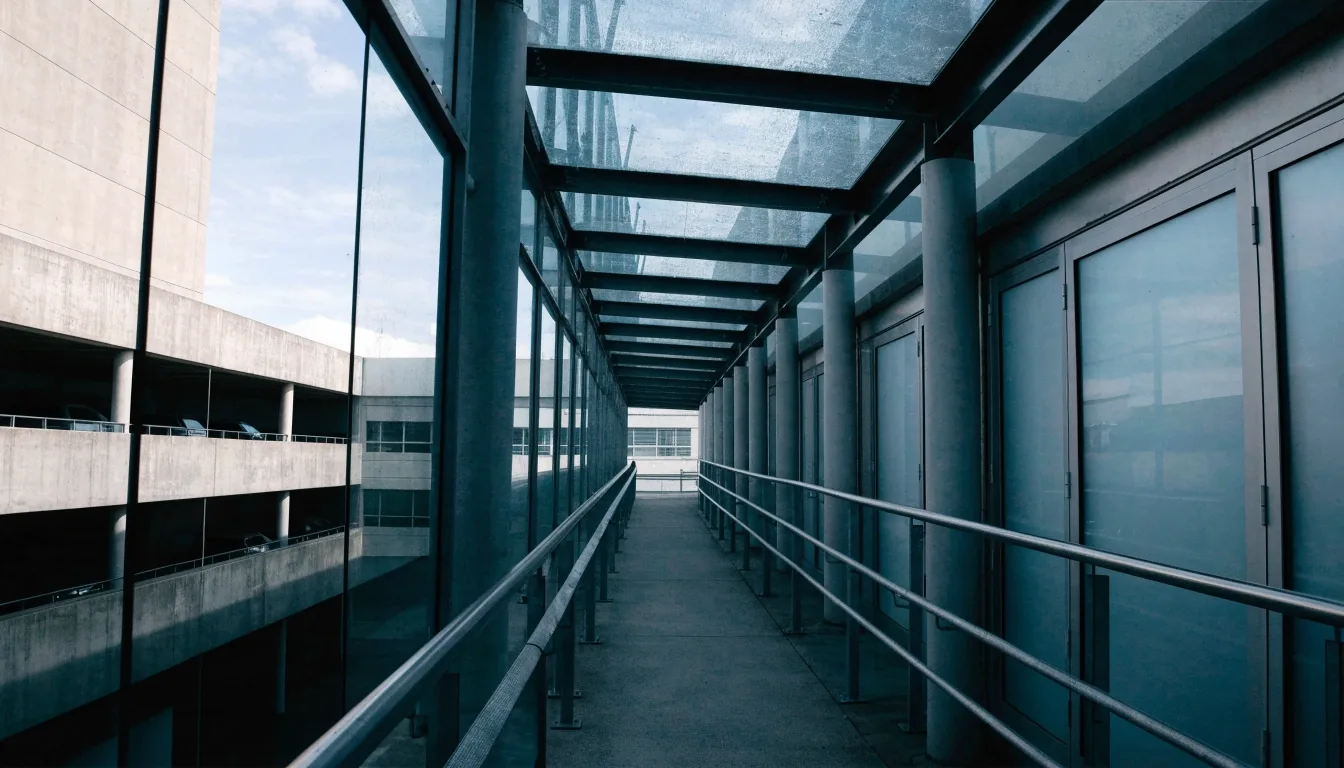 Covered walkway between parking deck and terminal doors