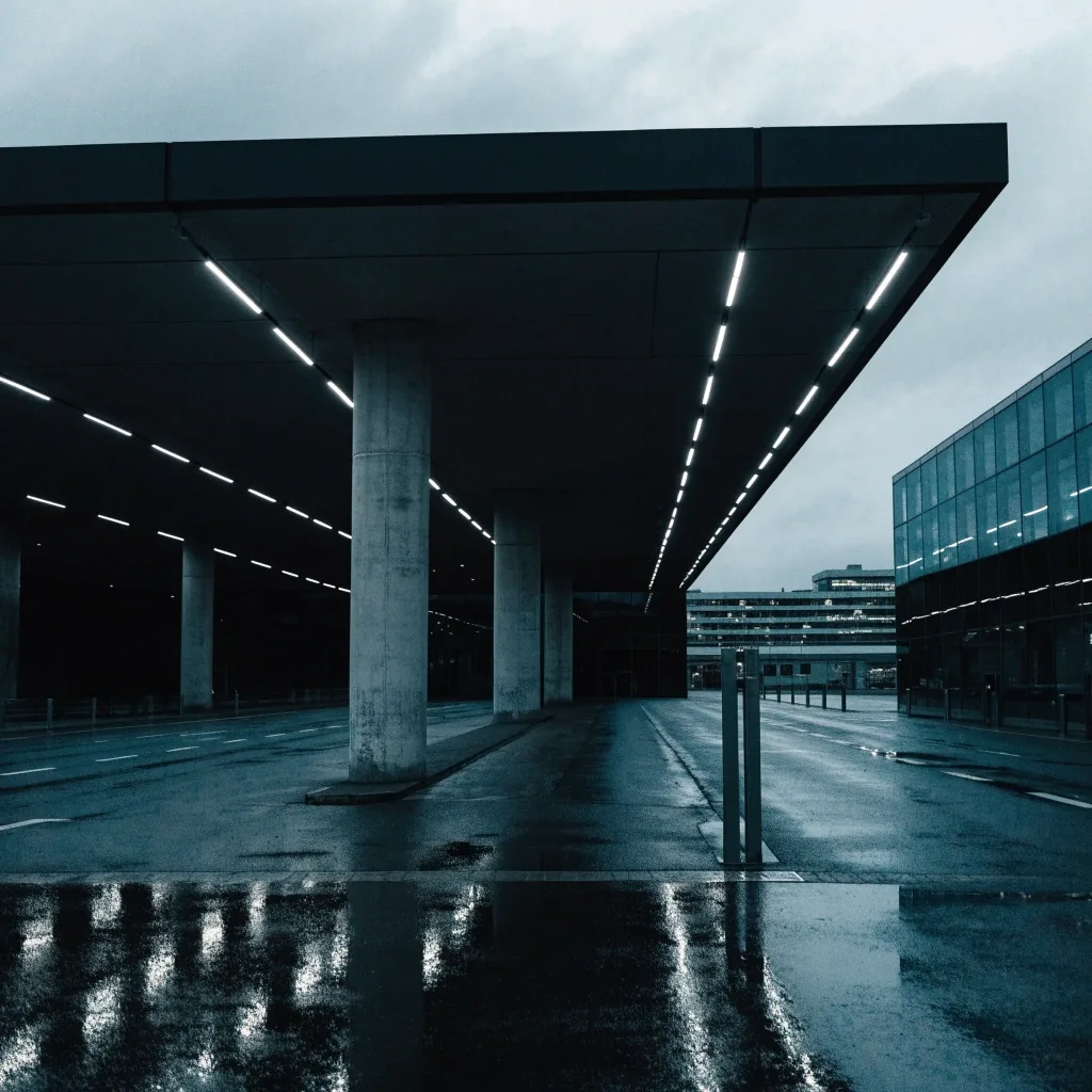 Terminal car park entry canopy at Melbourne Airport at dusk