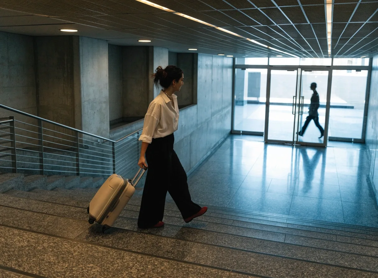 Traveller with luggage walking through terminal car park stairwell