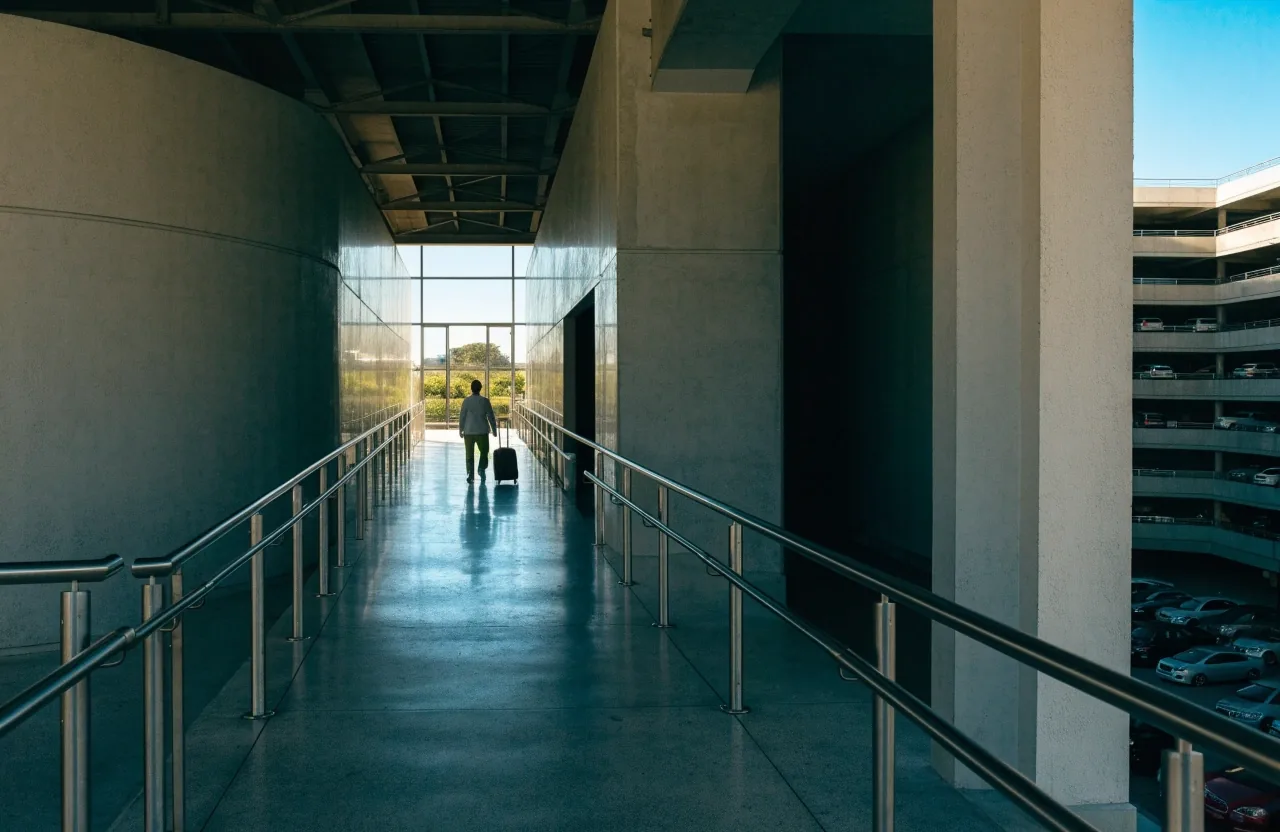 Covered walkway between parking deck and terminal doors with traveller walking toward daylight